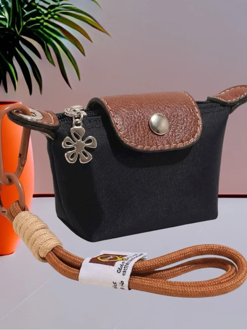 Longchamp Mini Style Black Canvas Women's Pouch Brown Leather Trim Flower Charm